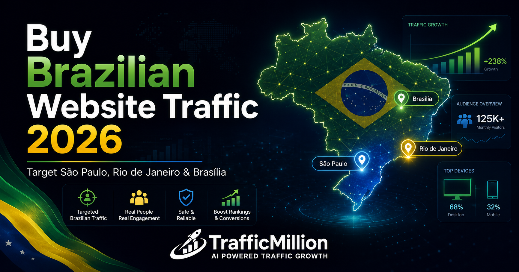 Buy Brazilian website traffic with TrafficMillion targeting Sao Paulo Rio de Janeiro and Brasilia